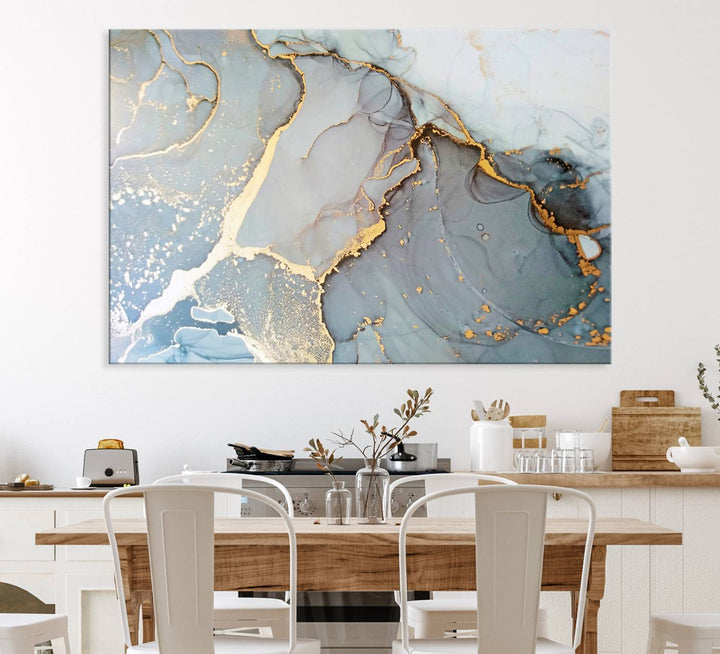 A blue and gold marbled Large Abstract Marble Wall Art Canvas Print hangs overhead.