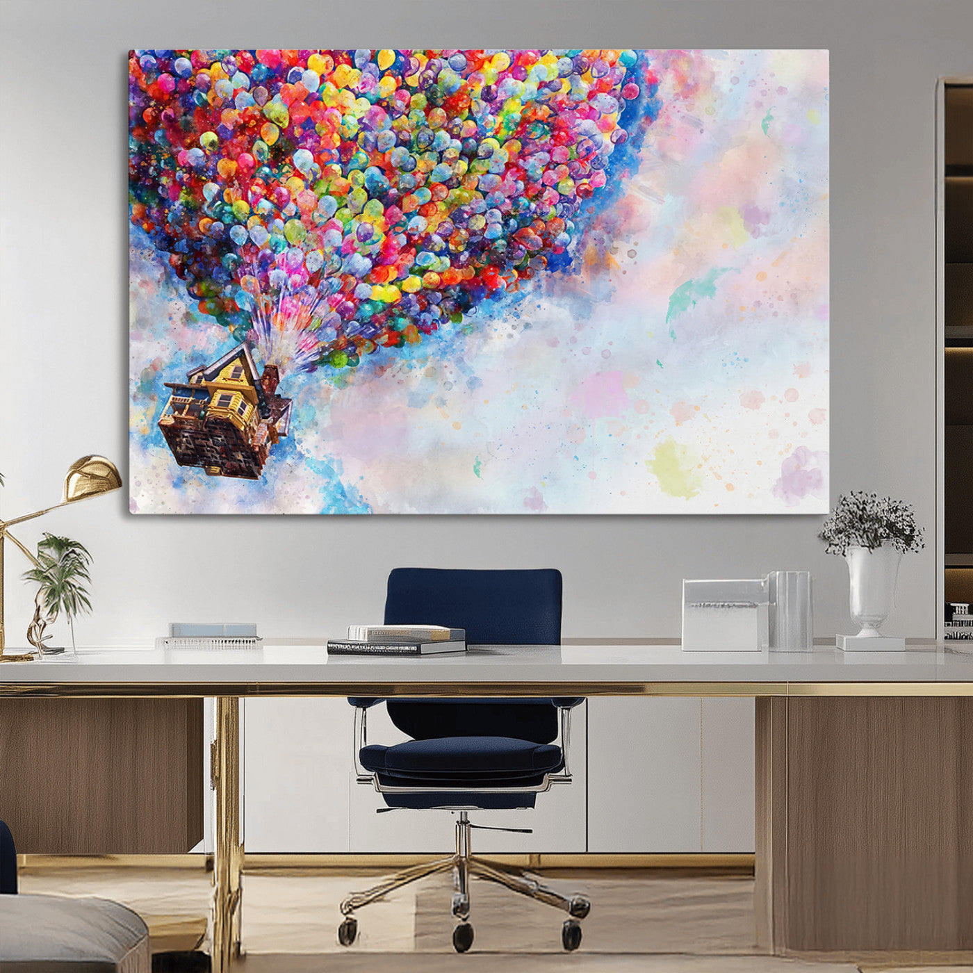 MGV-CV-36X24 - Don't Look Up Movie Canvas Wall Art - Vibrant Floating House and Balloons Scene, Tribute to Iconic