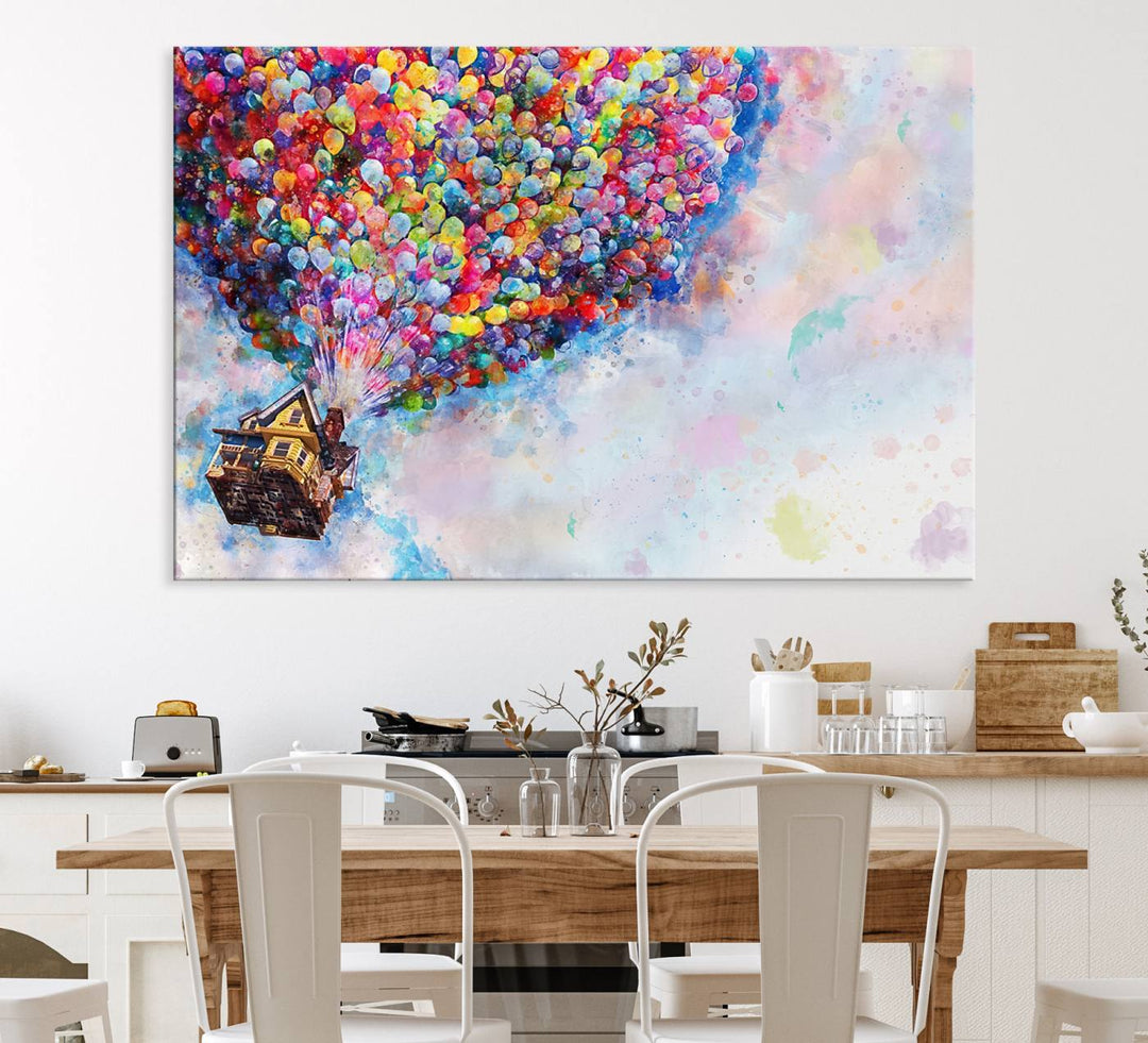 The Dont Look Up canvas wall art, featuring a house and balloons, brightens the kitchen wall.