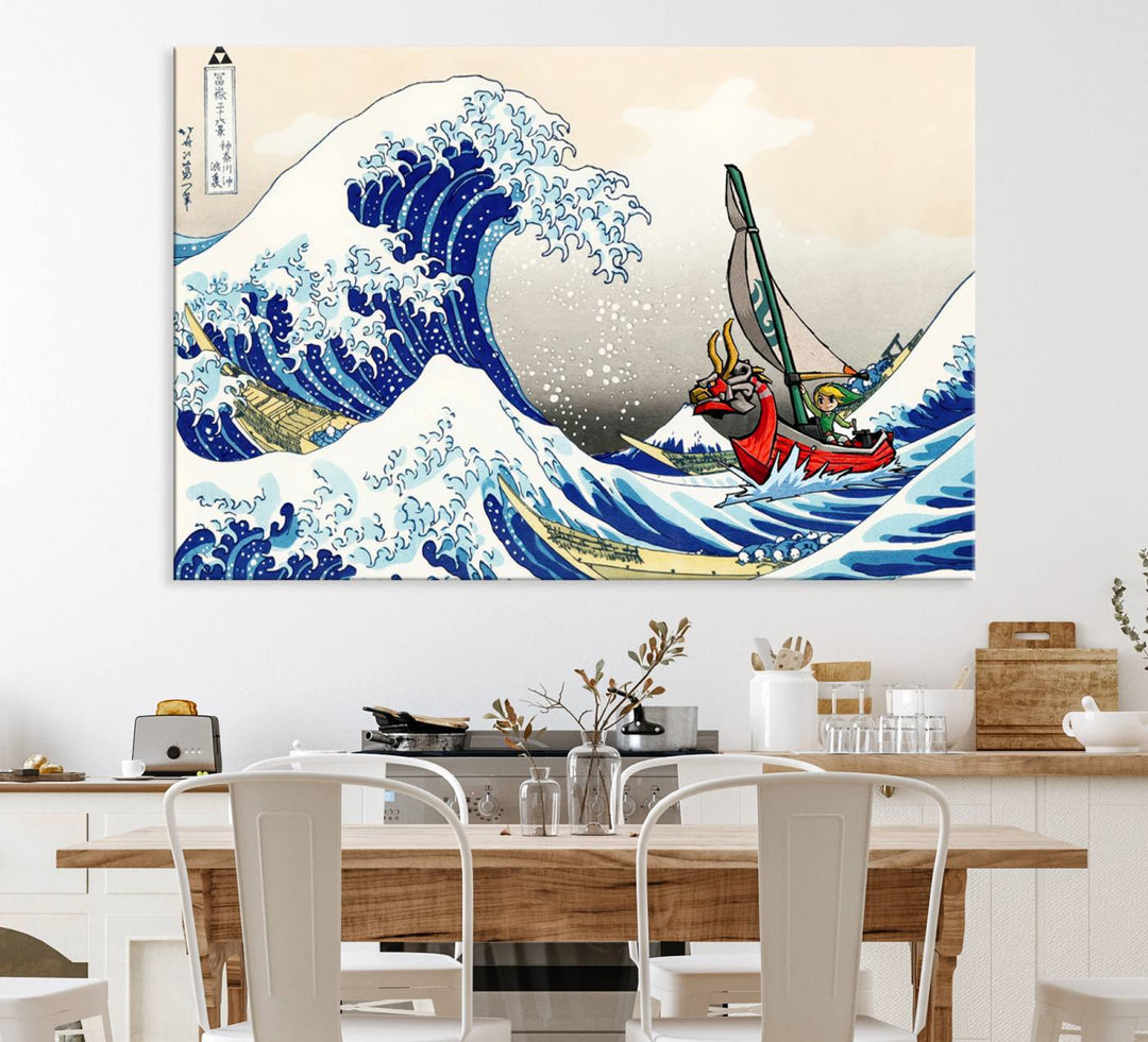 The Katsushika Hokusai Kanagawa Giant Wave Canvas print captures a vibrant sailing scene.