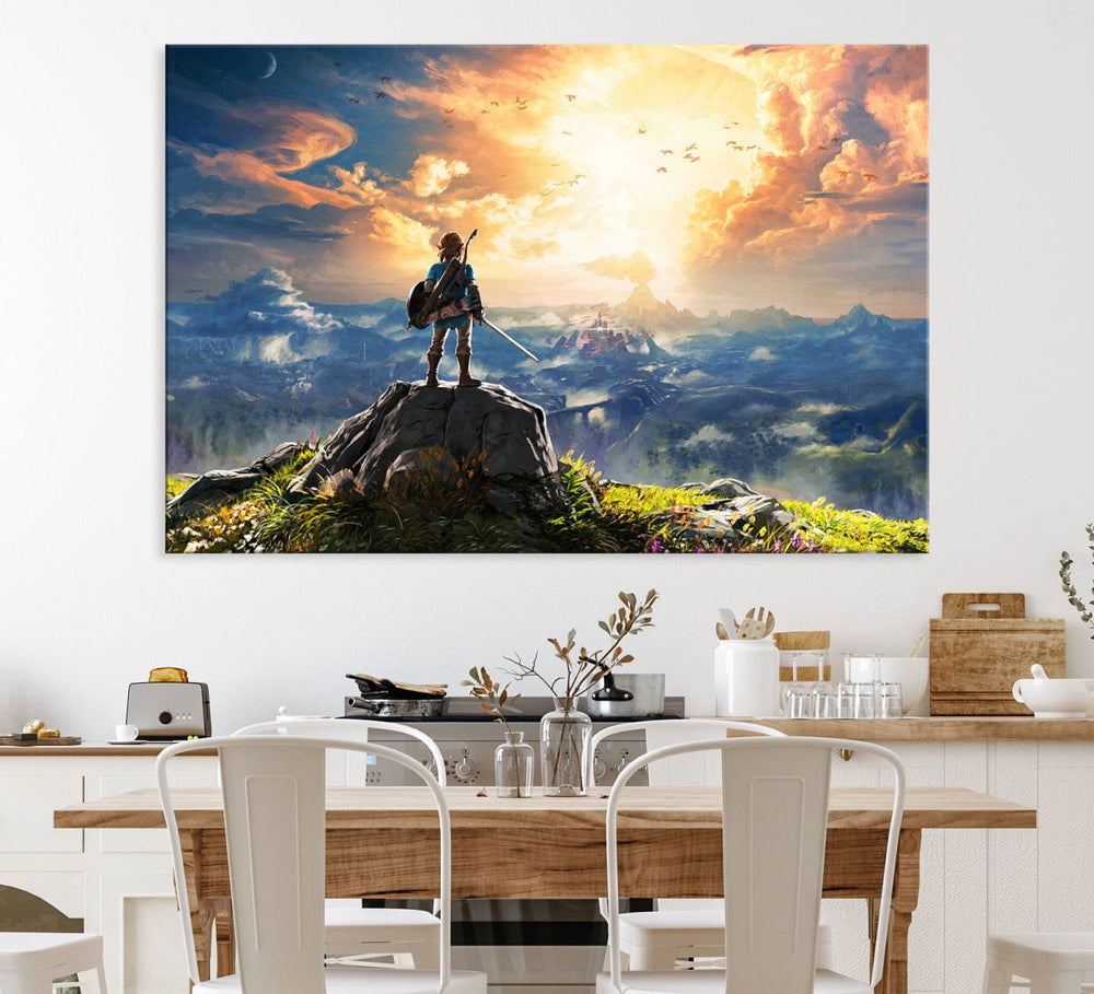 A vibrant Legend of Zelda Breath of the Wild canvas print depicts a figure standing on a rock with mountains and sky in the background.