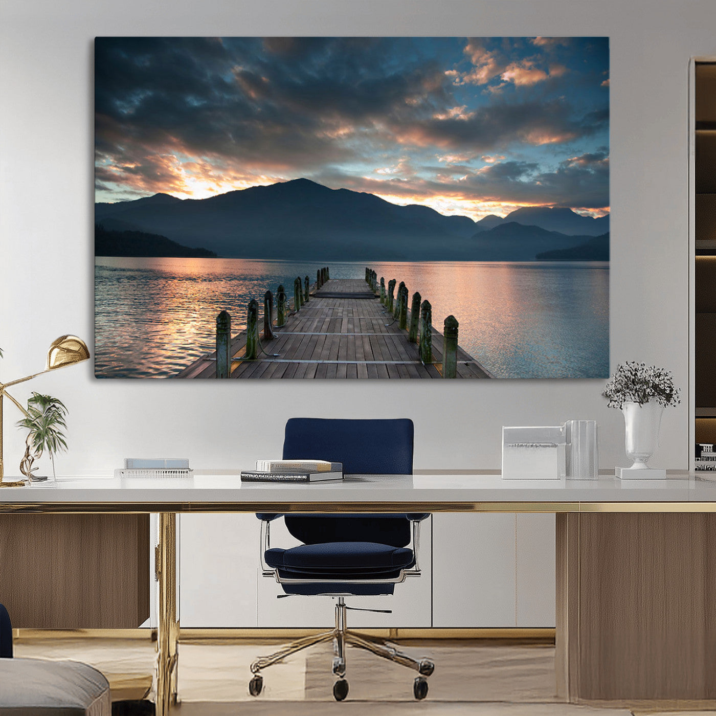 MGV-CV-36X24 - Mountain Lake Wood Pier Canvas Wall Art Nature Lake Print