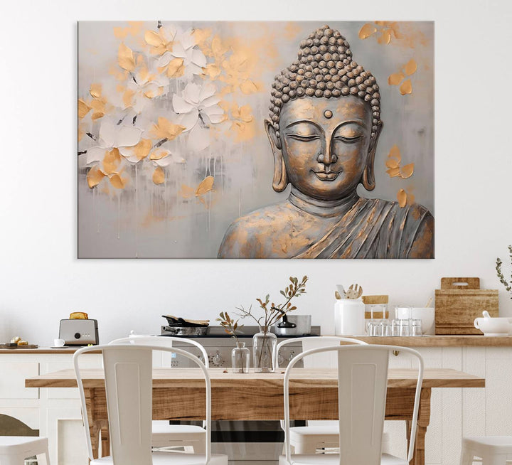 The serene dining room features Abstract Buddha Statue Wall Art.