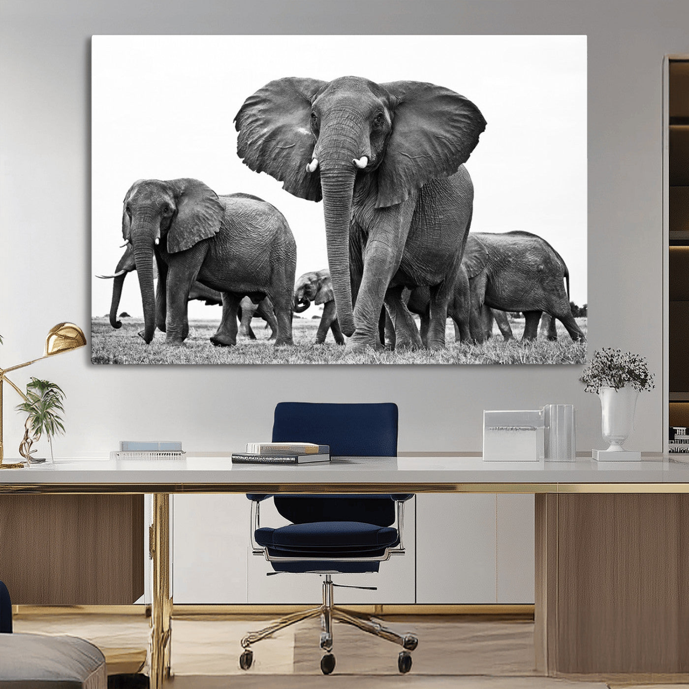 MGV-CV-36X24 - Black White Elephant Family Wall Art Canvas Print
