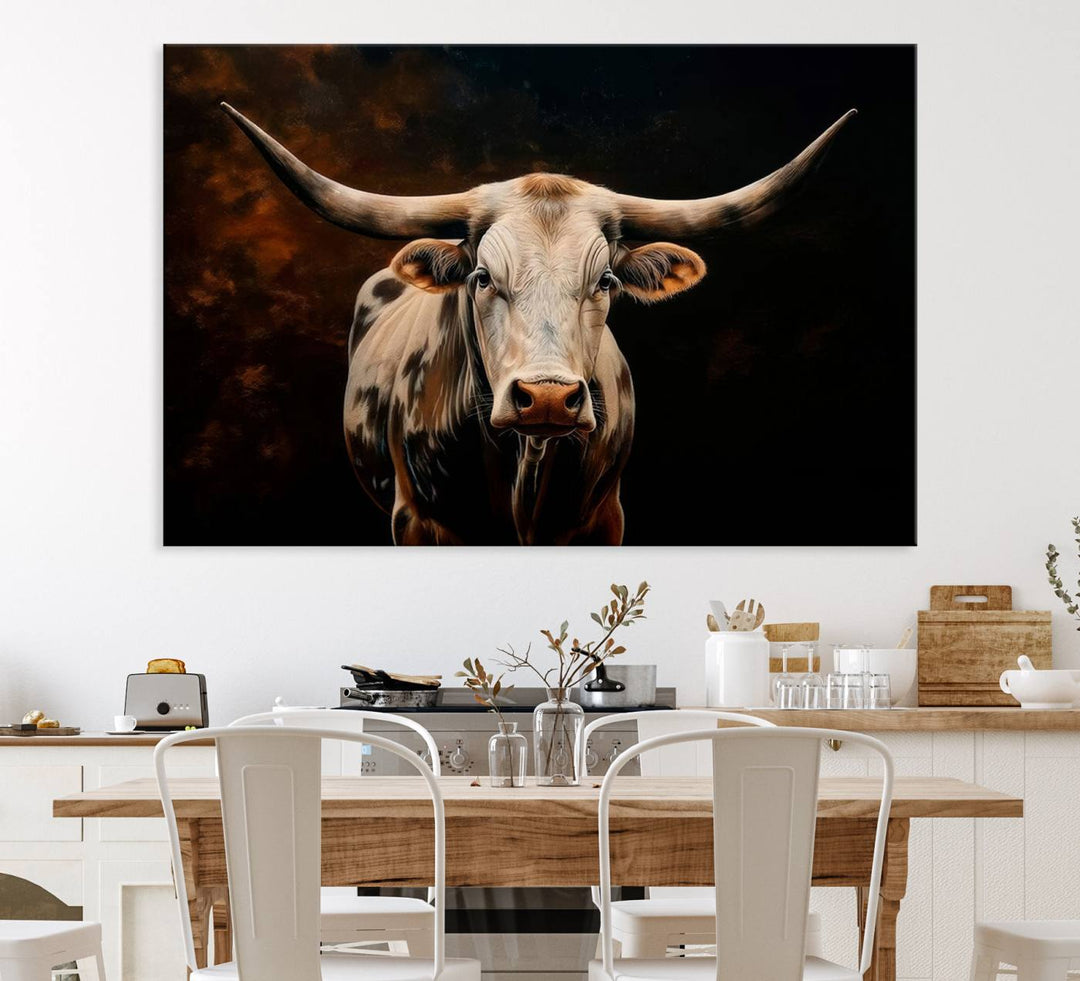 A large 3-panel Texas Longhorn canvas print dominates the space.