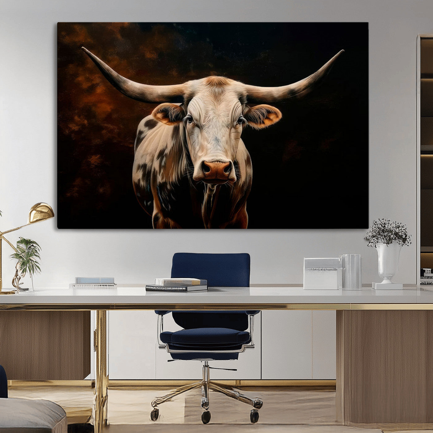 MGV-CV-36X24 - Texas Longhorn Wall Art | 3-Panel Large Texas Longhorn Canvas Print for Living Room, Office, or Farmhouse Decor | Framed Giclee Longhorn Wall Art