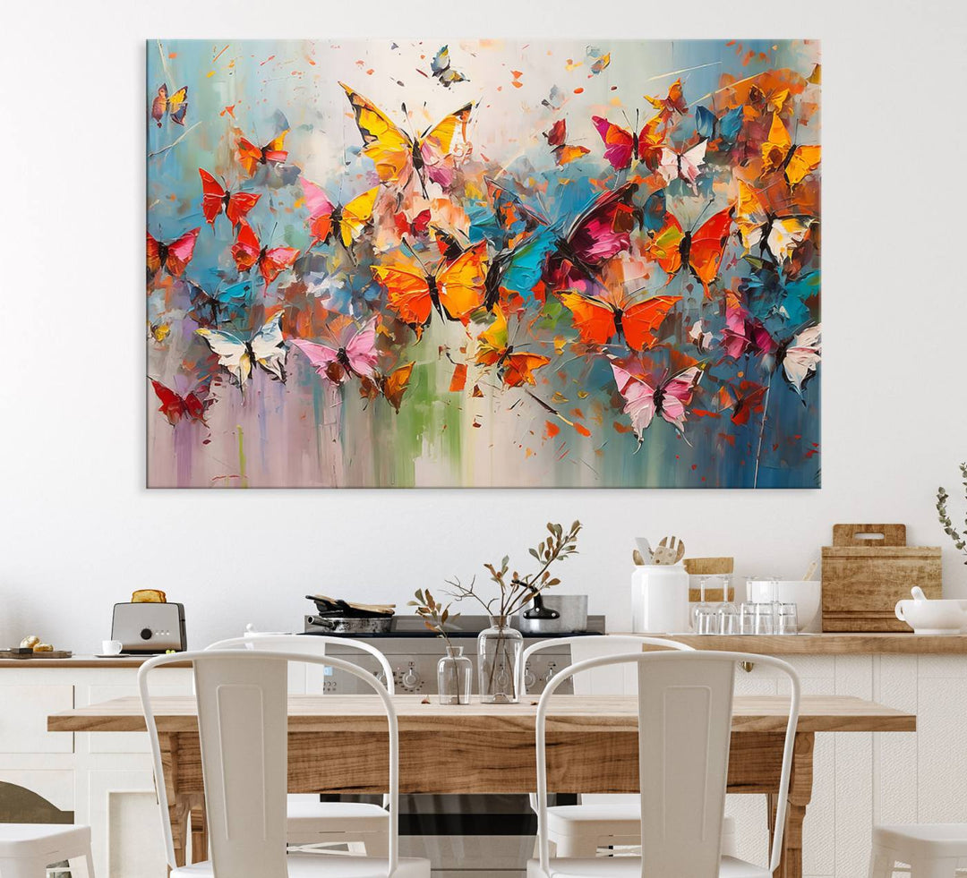 The Abstract Butterfly Wall Art Canvas Print hangs prominently, adding a touch of elegance and creativity to the room.