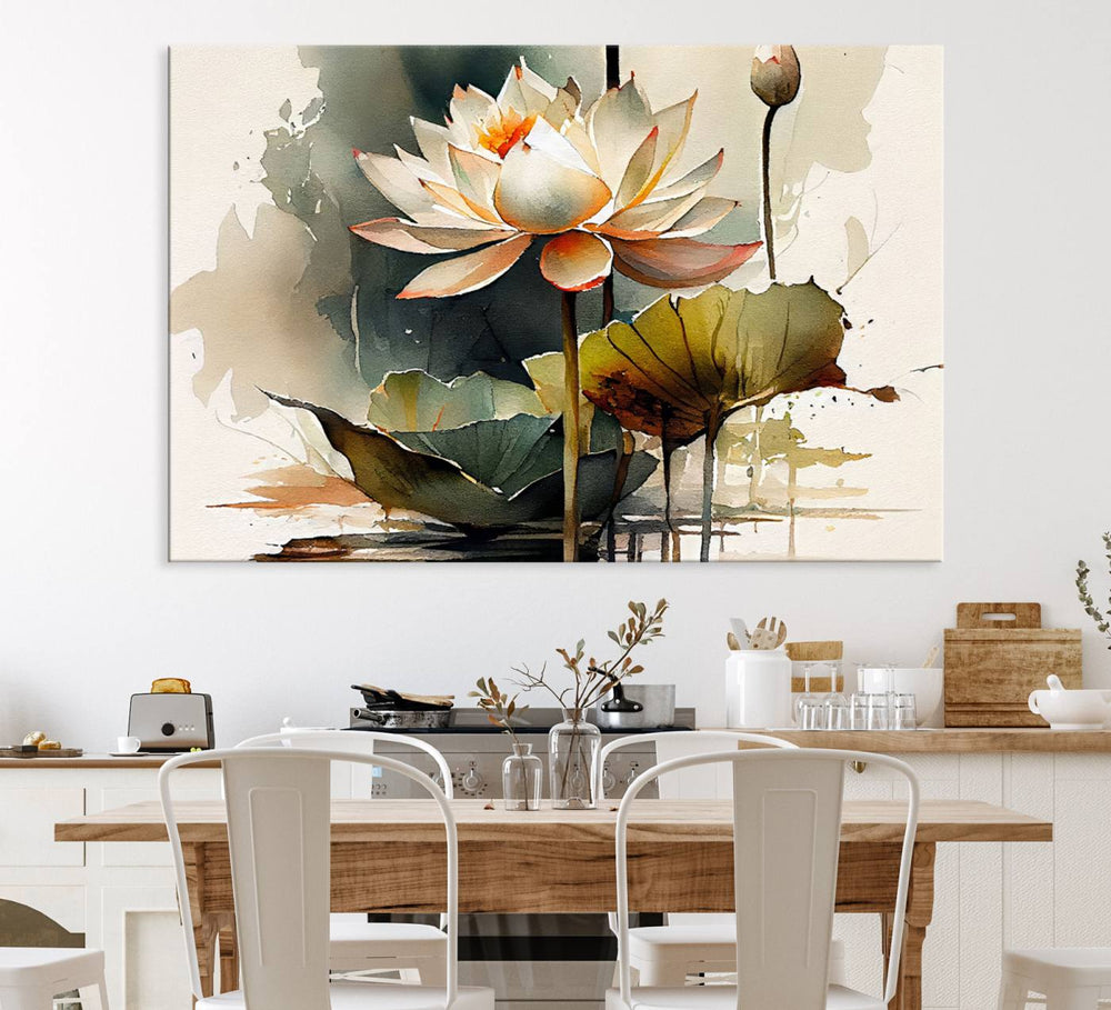 The Lotus Flower Watercolor Canvas enhances the decor with its modern charm.