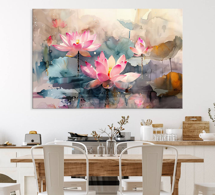 A pink lotus wall art adorns the space.