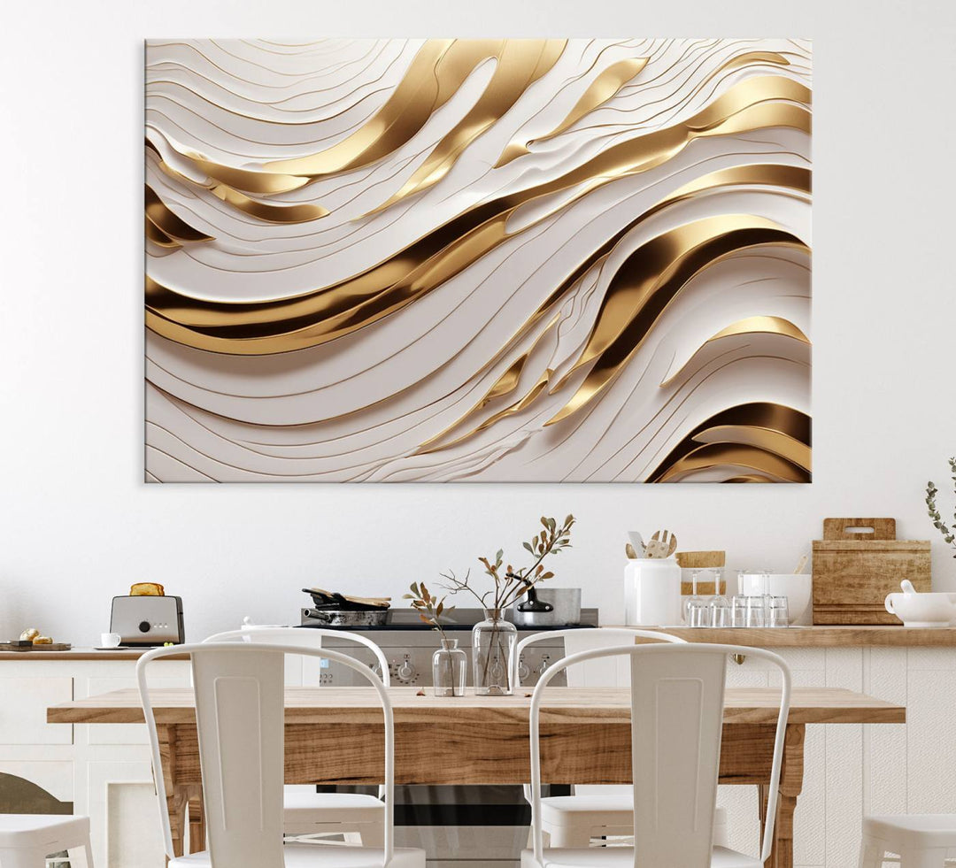 A Gold and White Abstract Wave Canvas with luxurious golden accents.