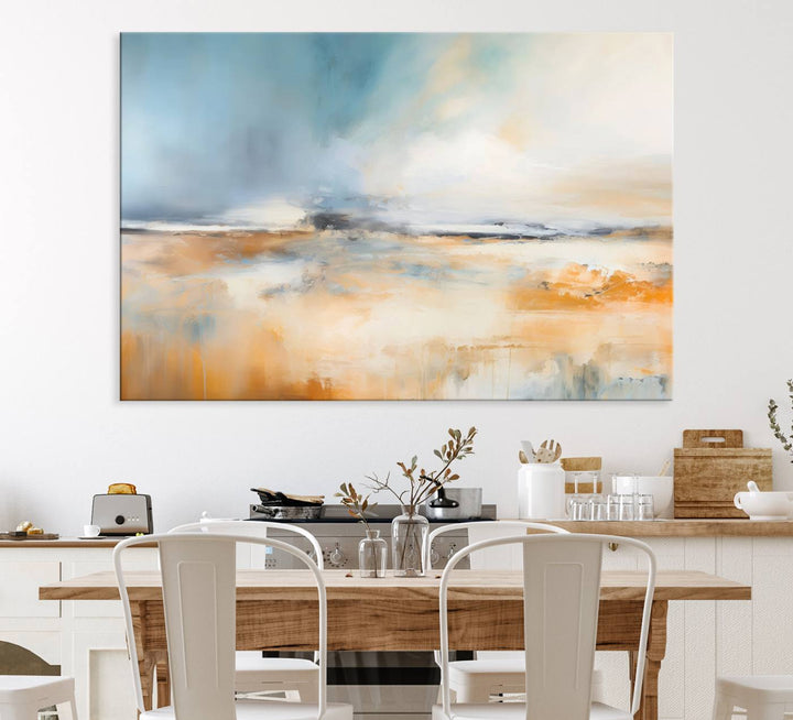 Abstract Landscape Wall Art in warm tones of orange and blue.