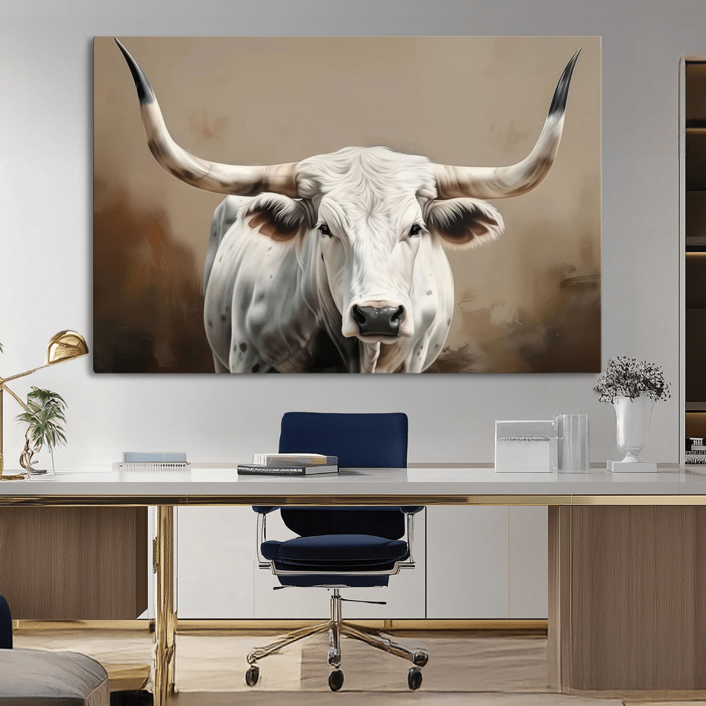 -White Longhorn Bull Wall Art Canvas Print – Framed and Ready to Hang – Perfect for Farmhouse and