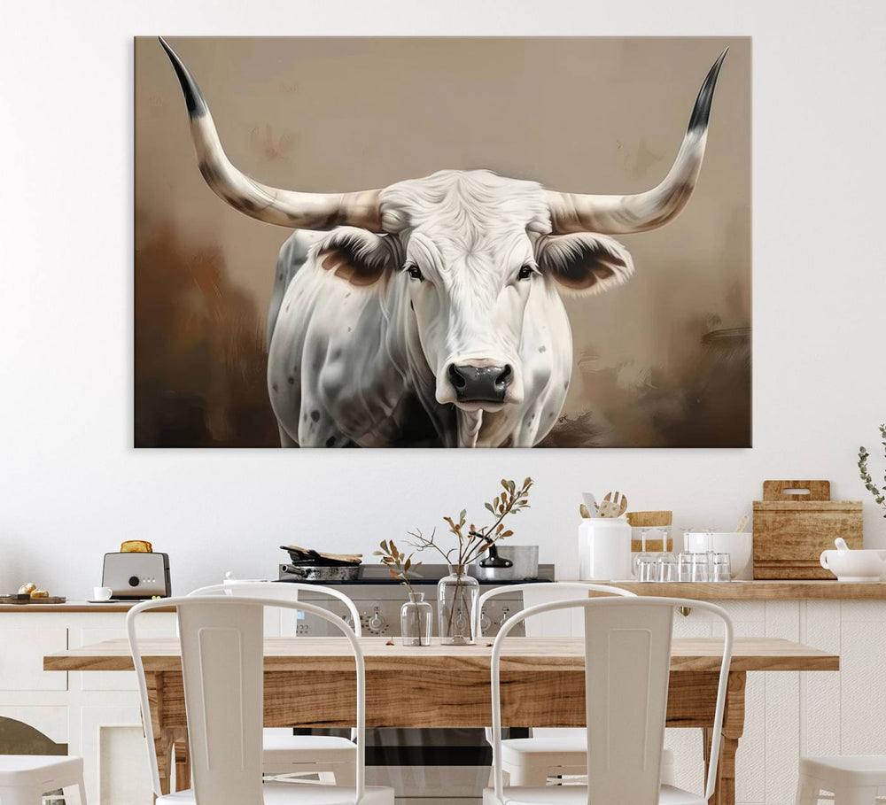 The kitchen features a striking canvas print of a Longhorn Bull.