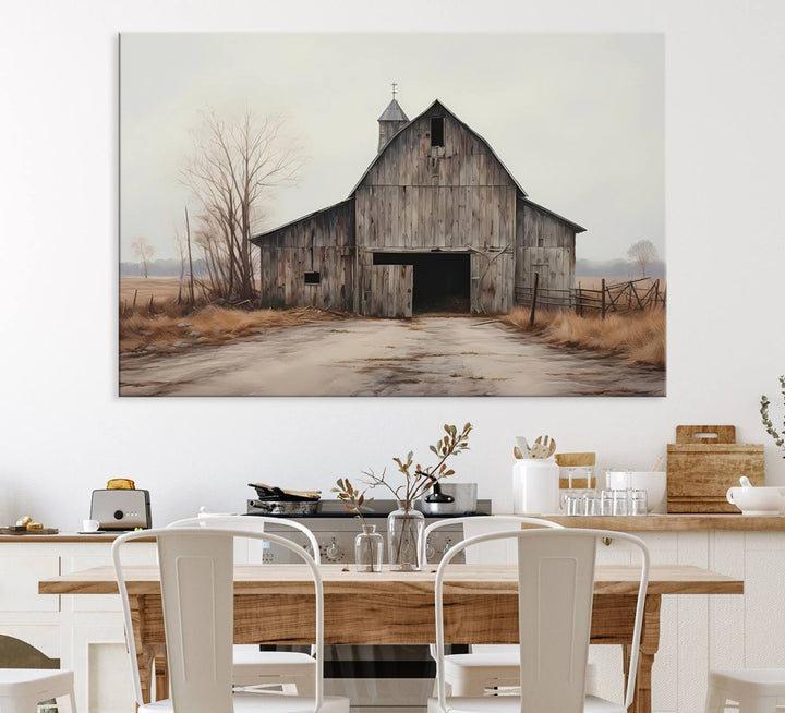 The Farmhouse Rustic Barn Wall Art Canvas Print, framed and ready to hang, enhances the farmhouse décor.