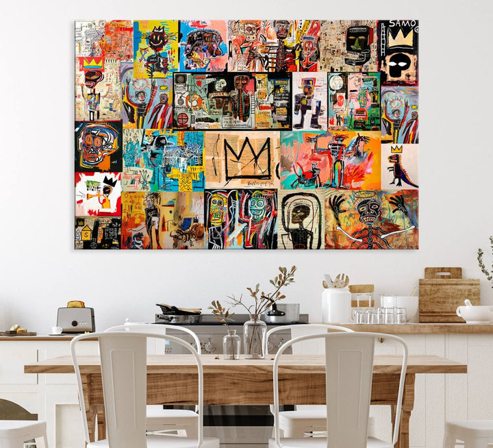 A Basquiat graffiti-style collage adorns the wall.