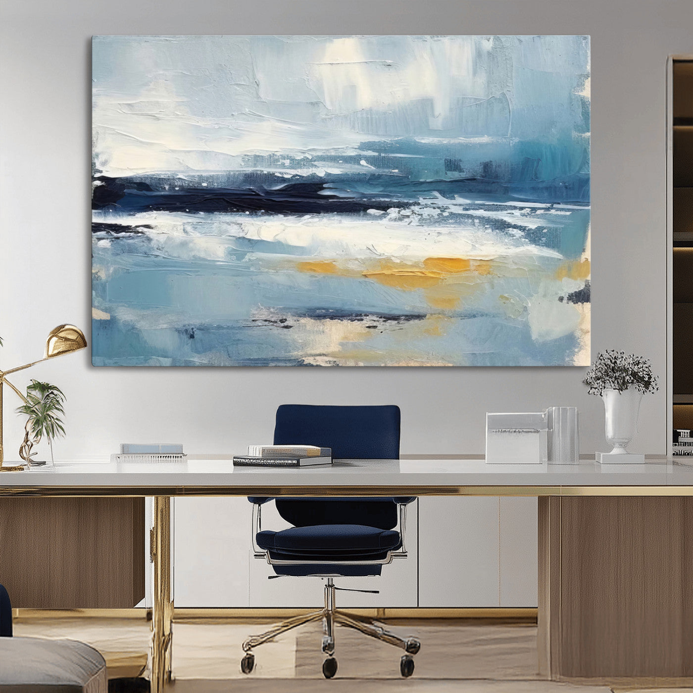 MGV-CV-36X24 - Abstract Ocean Canvas Wall Art - Coastal Blue and Gold Textured Painting, Modern Seascape Decor for Living Room Decor