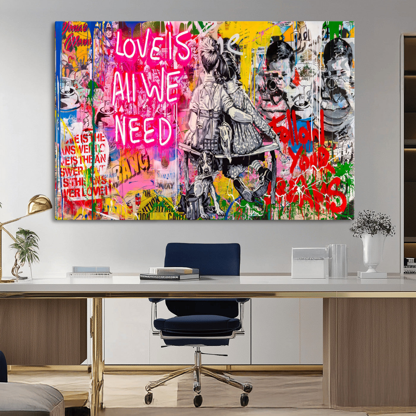 MGV-CV-36X24 - Follow Your Dreams & Love is All We Need Graffiti Street Art Triptych | 3-Panel Colorful Urban Wall Art for Living Room, Office, Loft Graffiti Wall Art Print