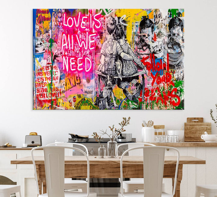 A vibrant Follow Your Dreams graffiti wall art adds a dynamic touch to the living room.