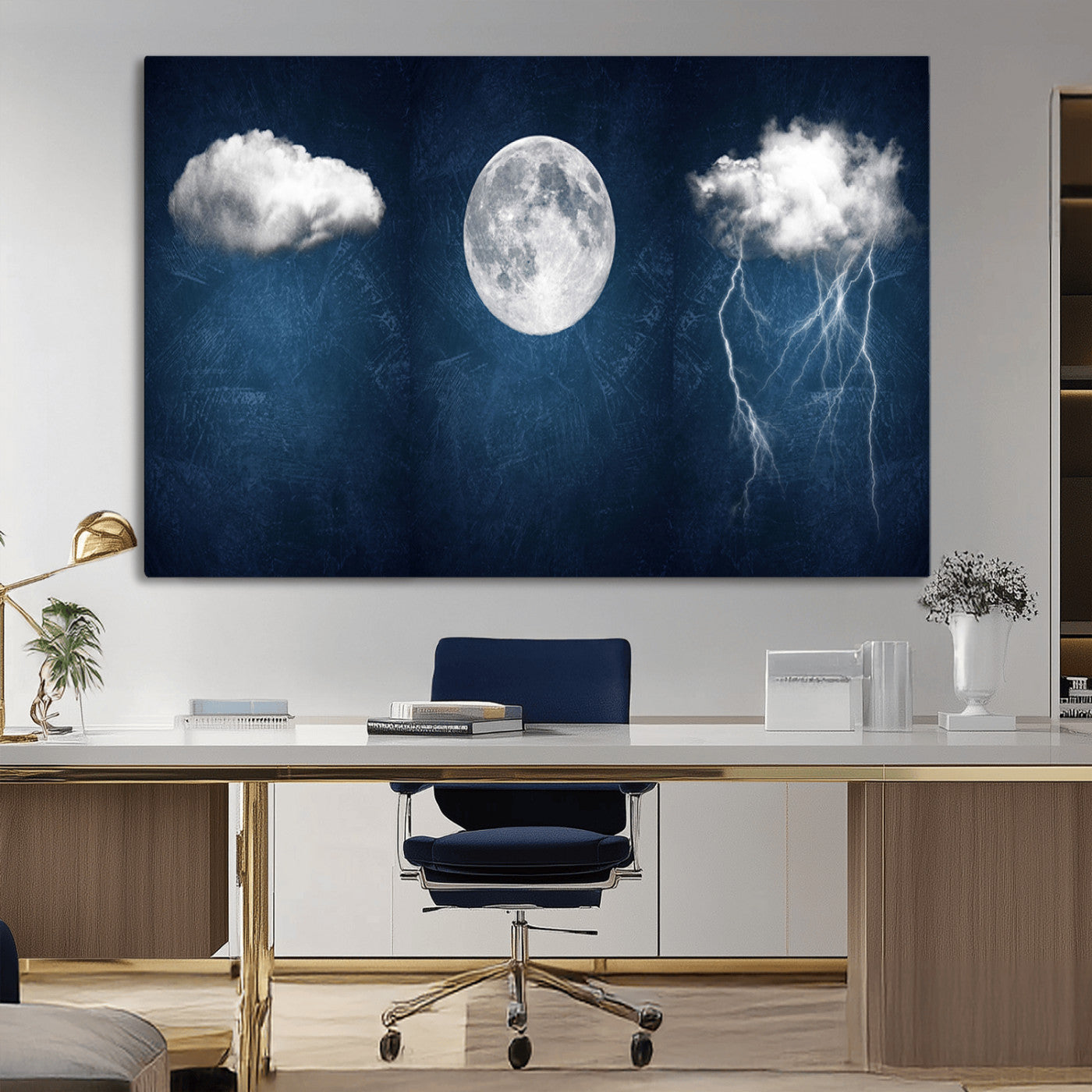 -Dark Blue Cloud Art, 3 Piece Indigo Blue Wall Art, Aesthetic Surreal Art, Thunderstorm Moon Cloud