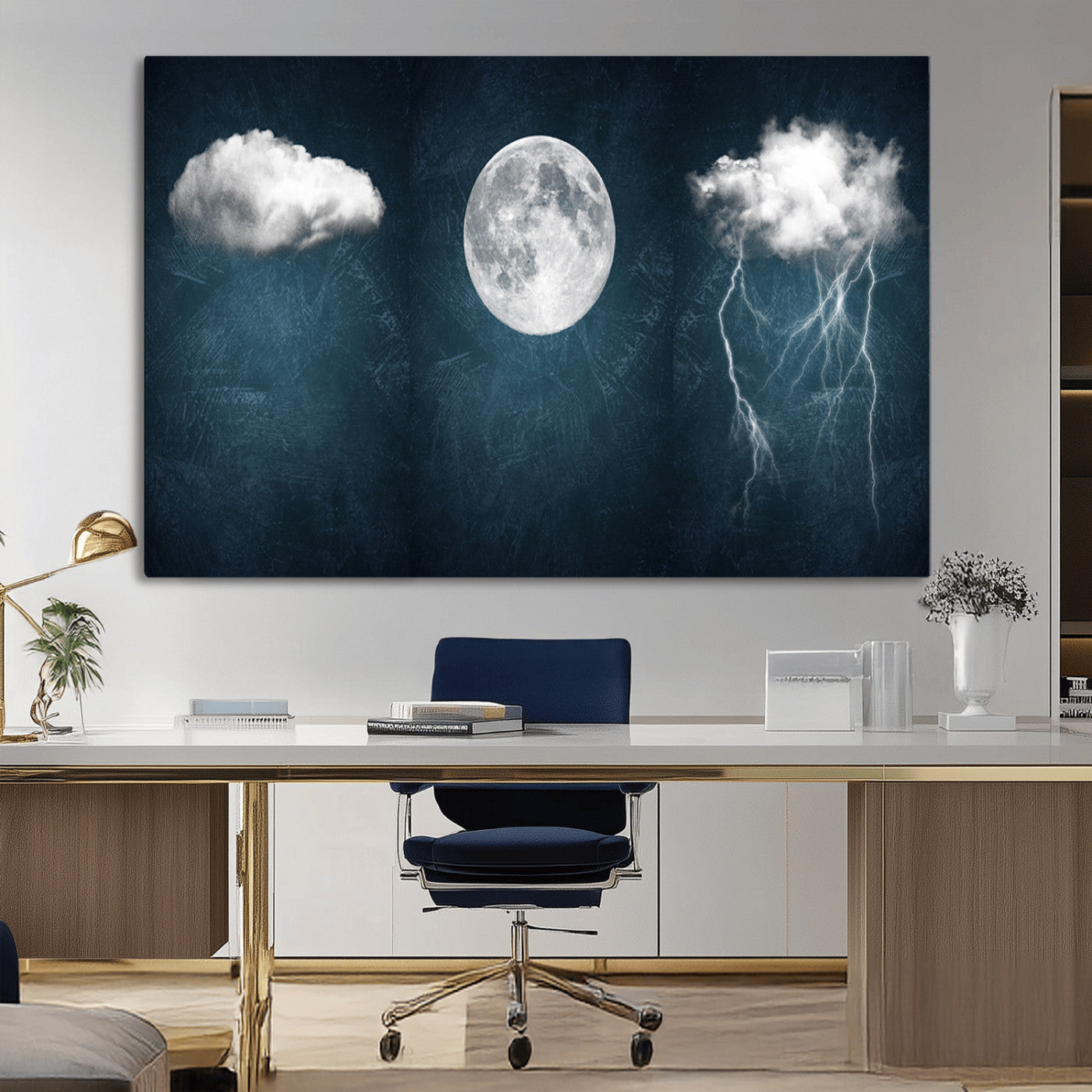 MGV-CV-36X24 - 3 Piece Indigo Cloud Wall Art, Thunderstorm Moon Cloud Artworks