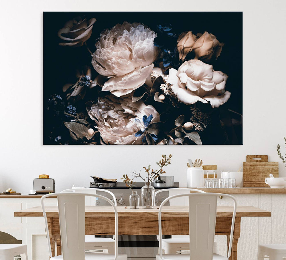 A large canvas art print of pink peonies flowers adds a vibrant touch to the space.