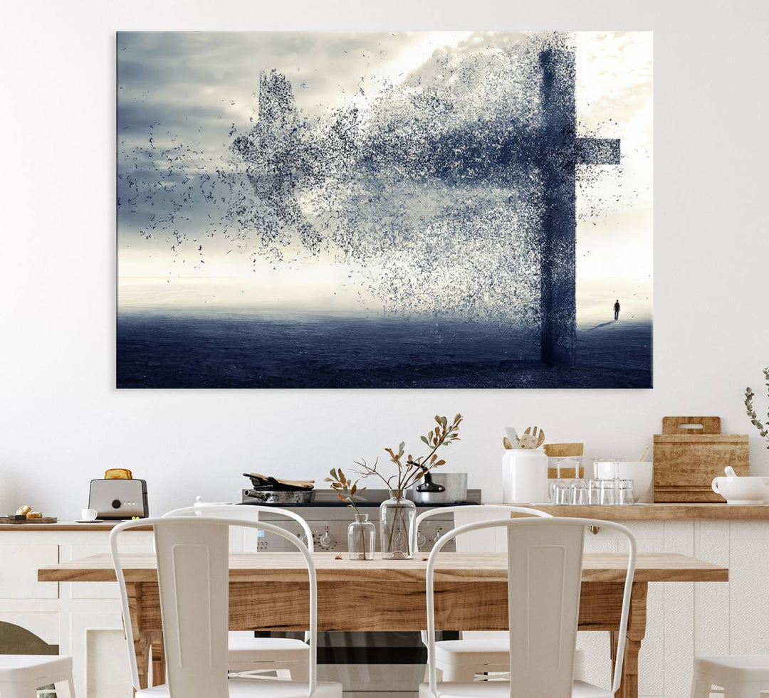 The Jesus and the Fading Cross wall art portrays a moody landscape.