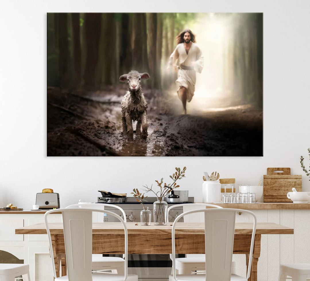 The Jesus Running After Lost Lamb canvas wall art adds a touch of spiritual significance.