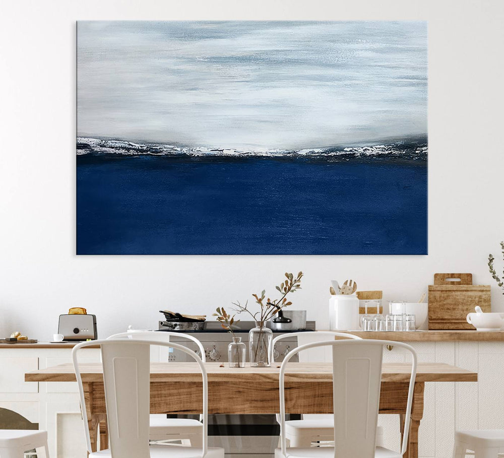 A Navy Blue Abstract Wall Art Canvas Print is displayed above the backsplash.