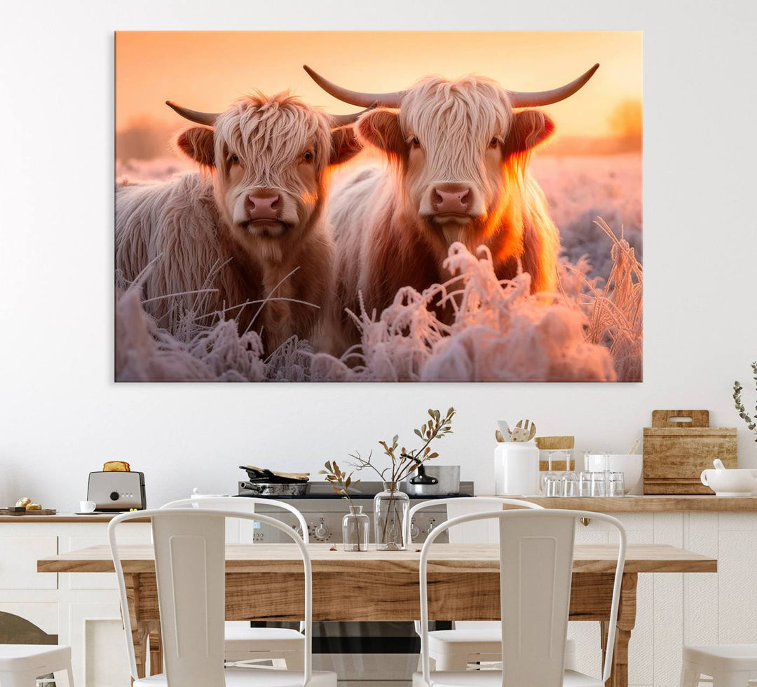 Highland Cows at Sunrise Wall Art adds serene rustic farmhouse charm.