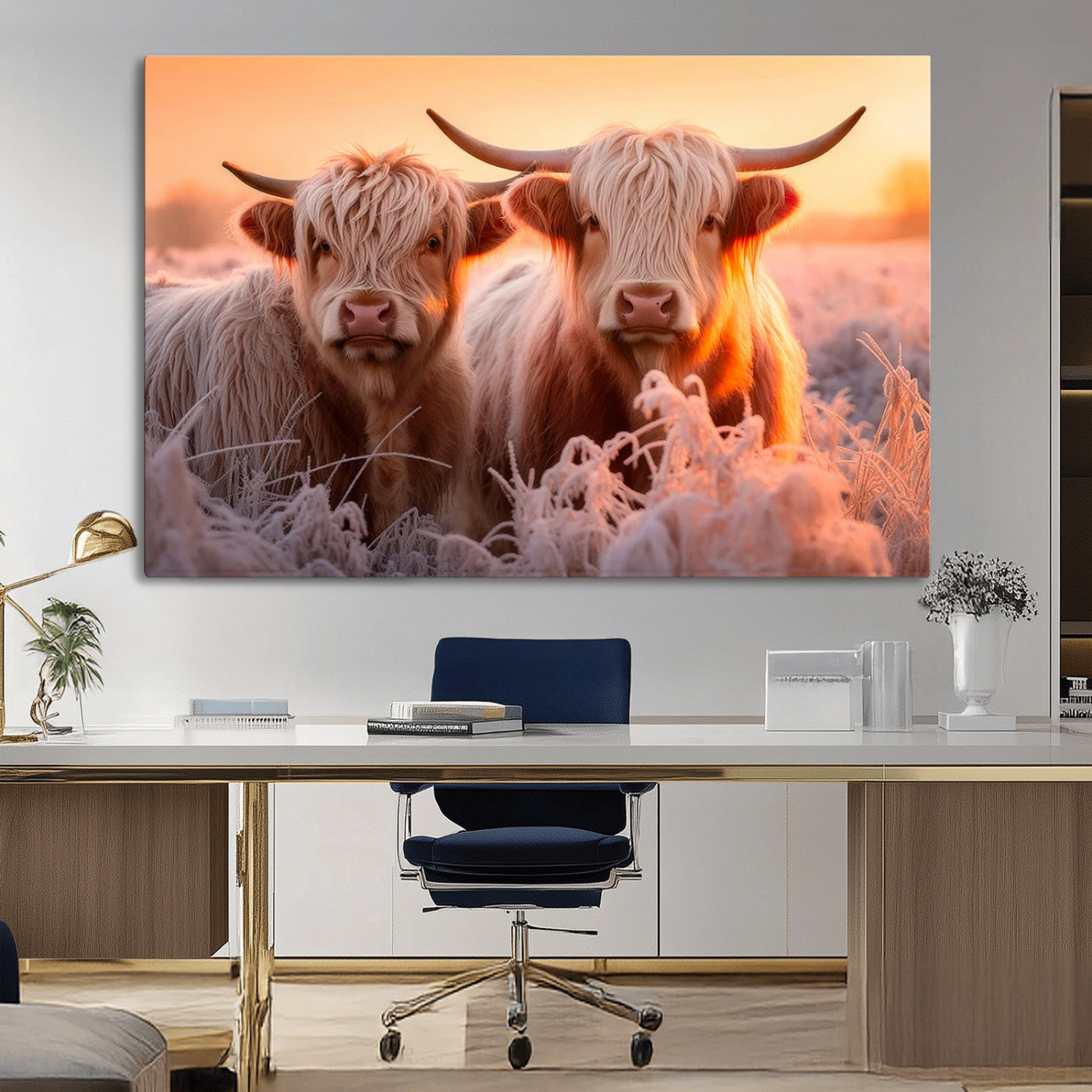 -Highland Cows at Sunrise Wall Art Canvas Set – Serene and Rustic Farmhouse Decor
