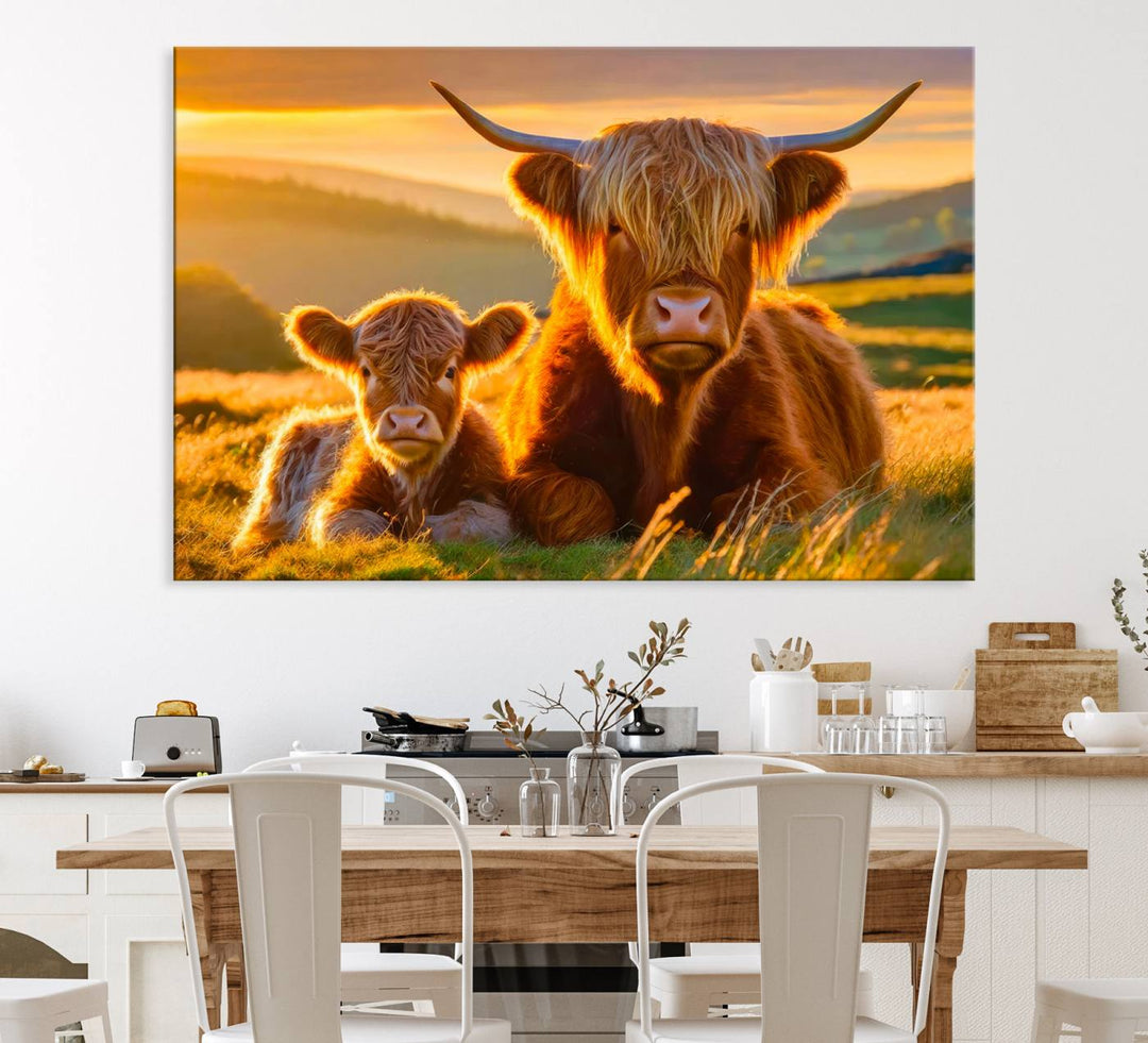 The Scottish Cow and Baby Cow Canvas Wall Art captures sunset fields.