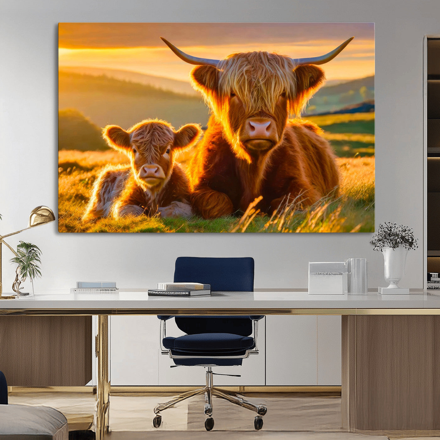 -Scottish Cow and Baby Cow Canvas Wall Art Animal Print Fluffy Cattle Framed Farmhouse Decor