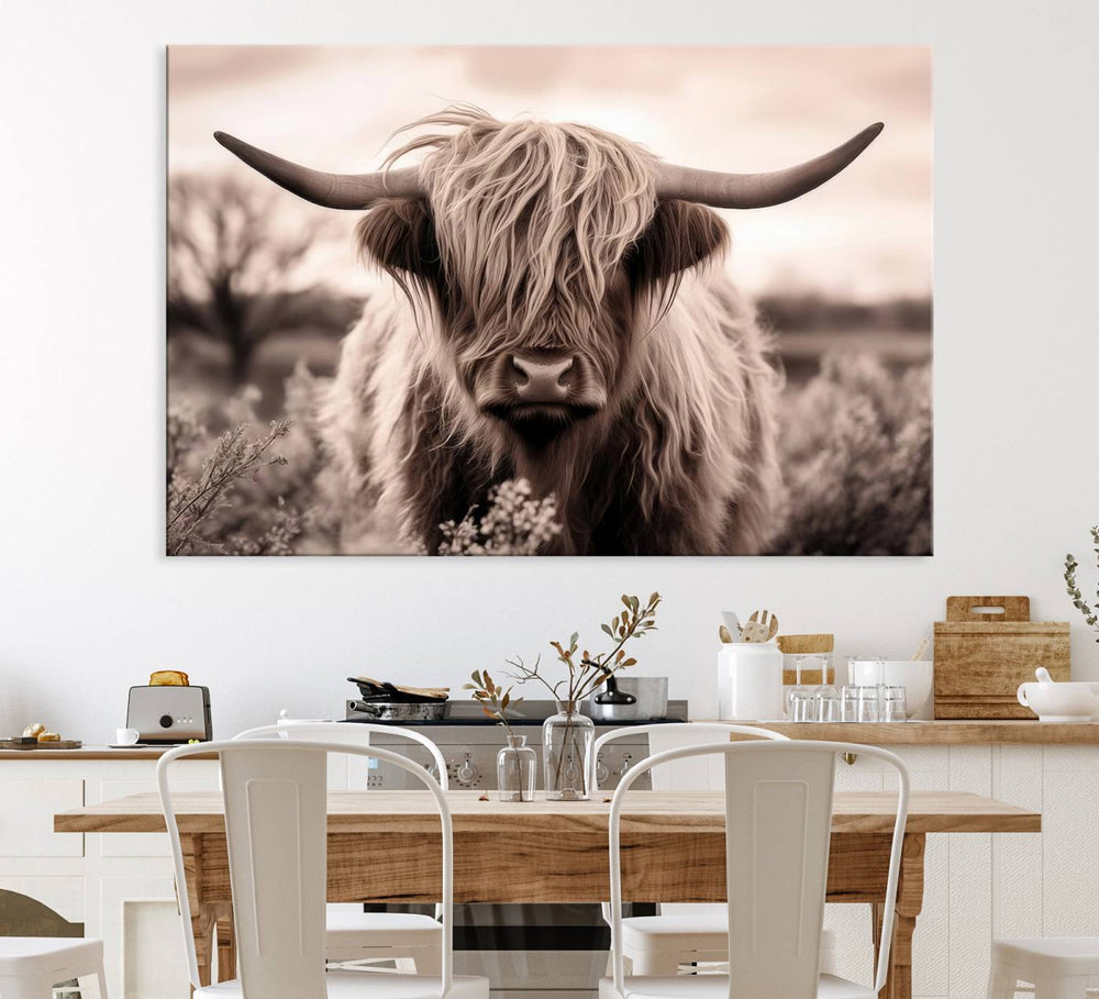 The Scottish Cow Longhorn Wall Art Canvas Print adds charm to the kitchen.