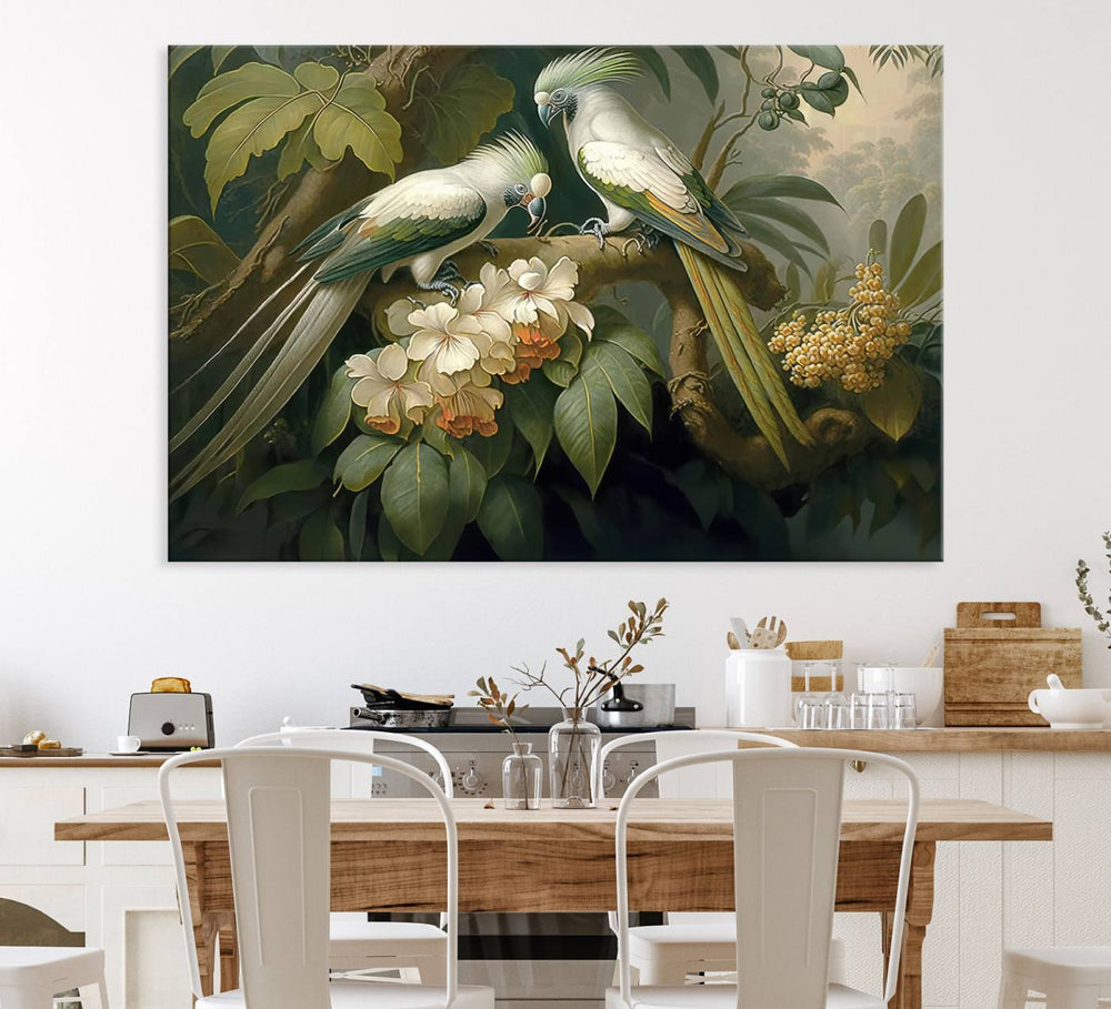 The Tropical Paradise Wall Art features a parrot in a lush forest.