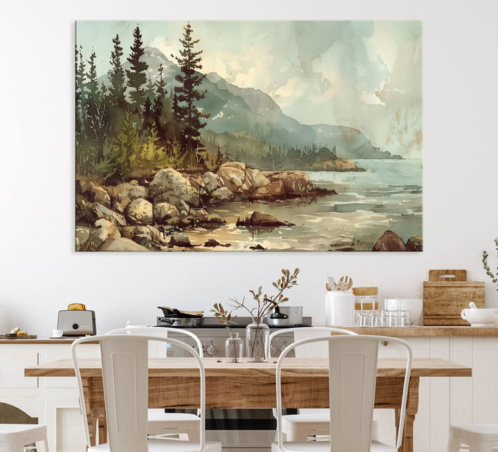 Framed Abstract Acadia National Park wall art, depicting a rocky coastline with trees and mountains, ready to hang.