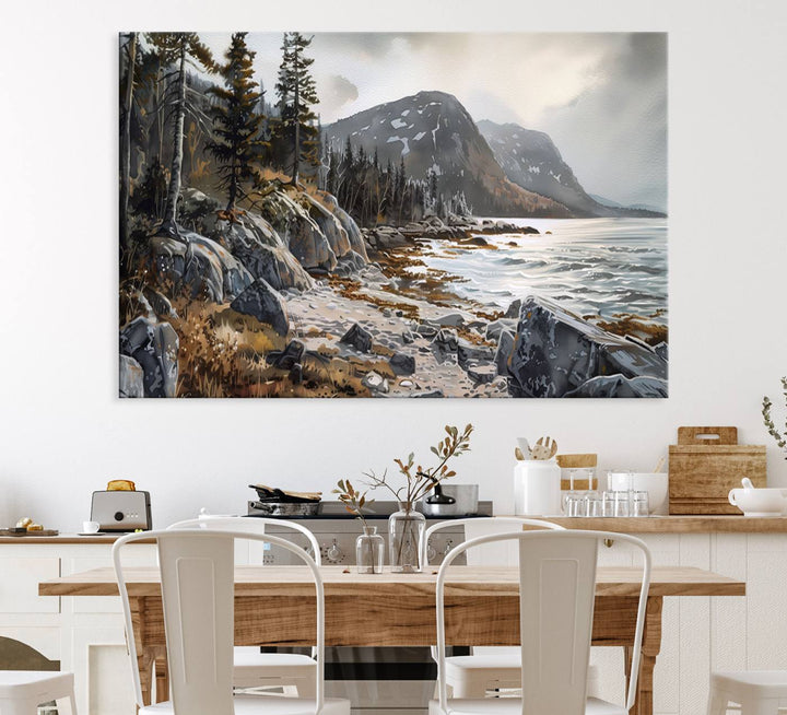 Framed wall art depicting Acadia National Parks rocky coast, trees, mountains, and sunlight over the sea; ready to hang.