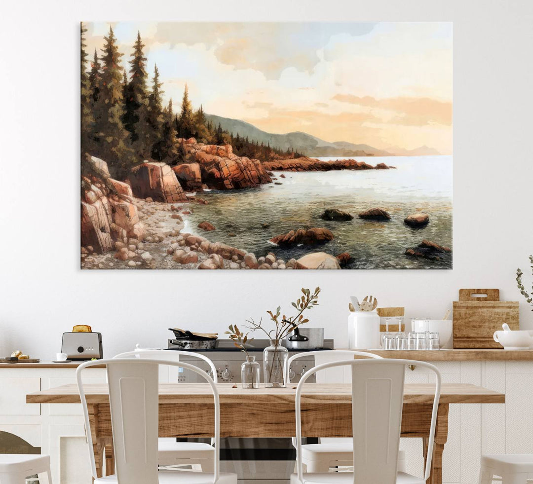 The Serene Coastal View of Acadia National Park 3-panel canvas, framed and ready to hang, adorns the wall.