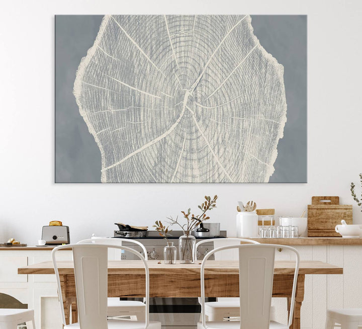 A gray wall displays the Abstract Tree Ring Wall Art print.