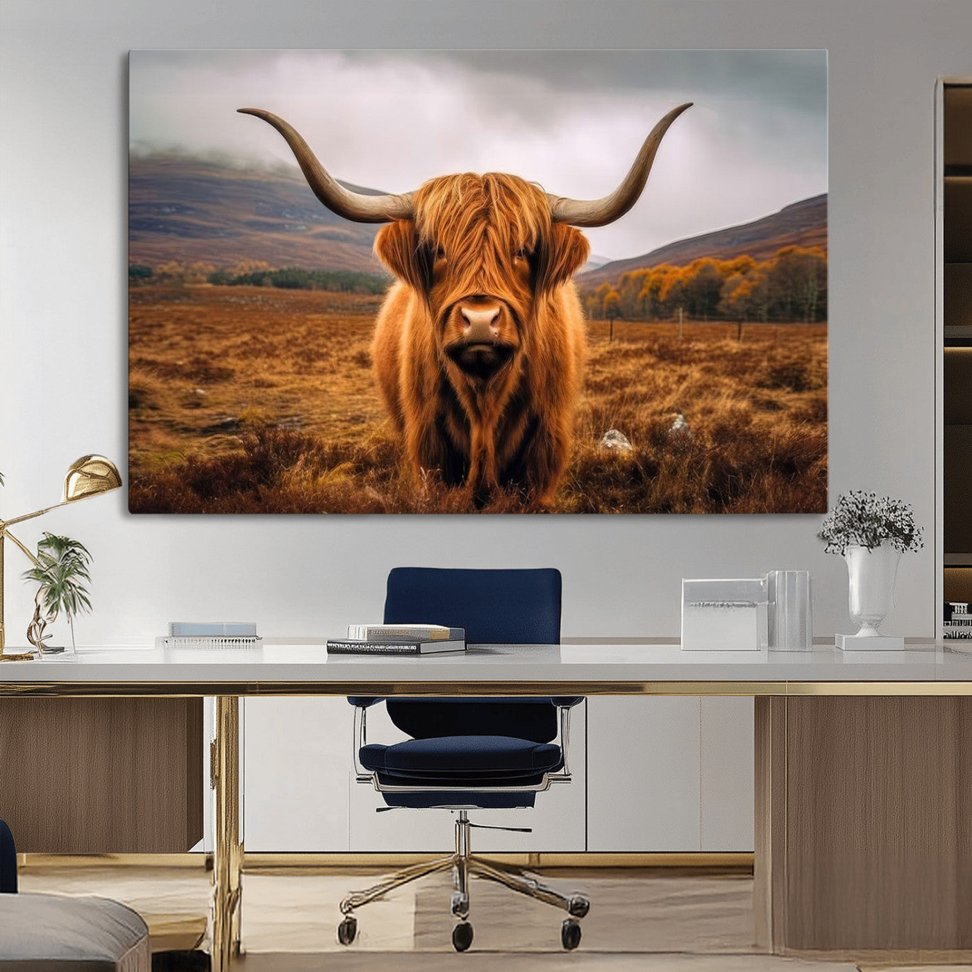 -Highland Cow Longhorn Wall Art – Rustic Canvas Print, Framed and Ready to Hang for Farmhouse Décor