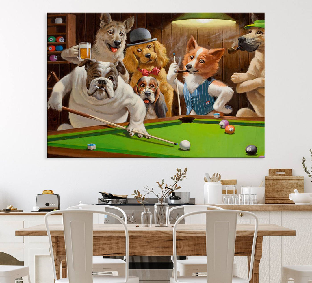 Dogs Playing Pool Canvas Wall Art: This artwork depicts a room where dogs are engaged in a game of pool. One dog is poised to cue while others observe the scene.