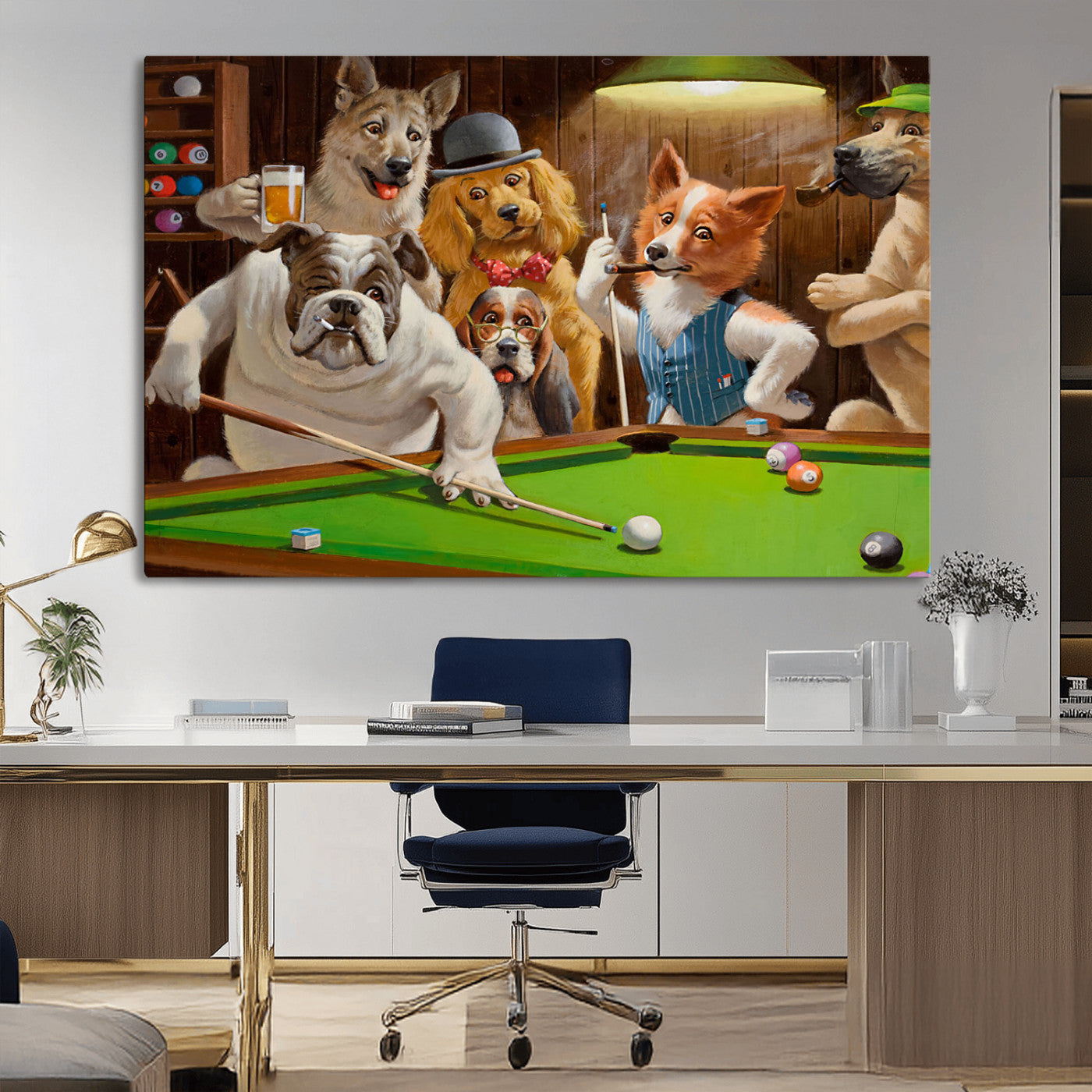 MGV-CV-36X24 - Dogs Playing Pool Canvas Wall Art Funny Gifts Dog Print