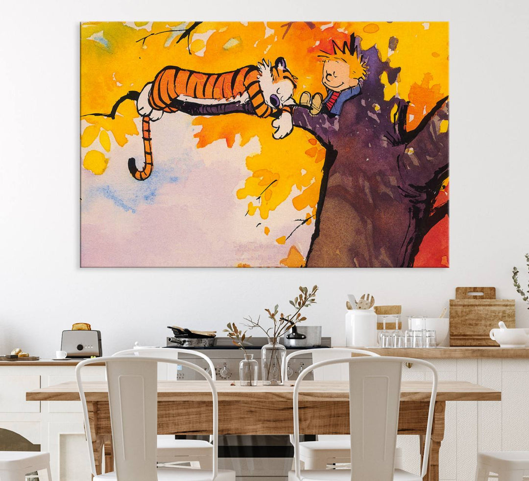 Premium canvas Calvin Wall Arts featuring a boy and tiger relaxing on a branch.