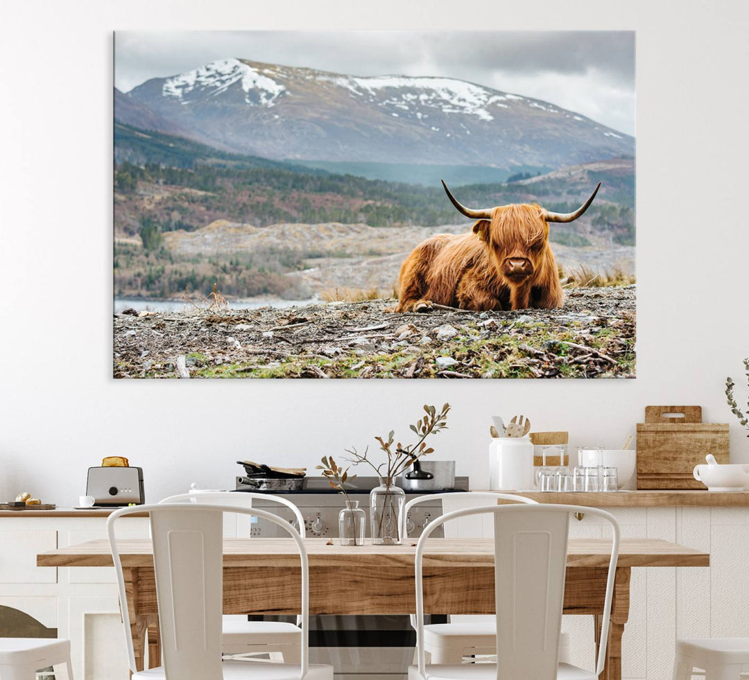 Highland Cow Horn Farm Wall Art Canvas Print is displayed against a wooden wall featuring a mountainous backdrop.