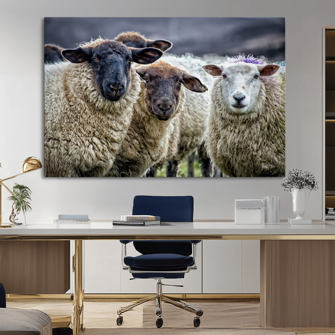 -Charming Sheep Portrait Wall Art – Trio of Woolly Companions Canvas Print, Framed, Ready to Hang