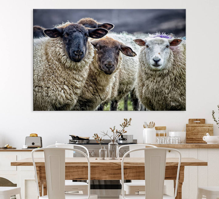 The Charming Sheep Portrait Wall Art hangs on a wooden wall.