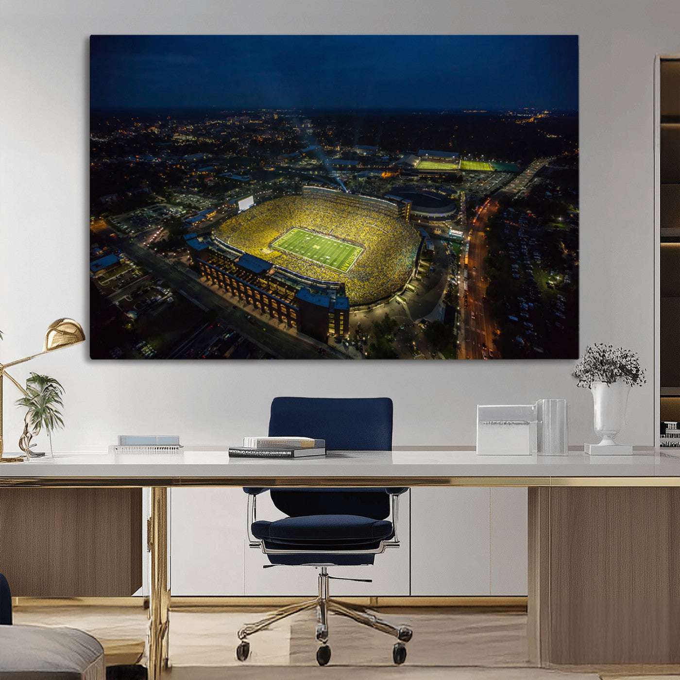 MGV-CV-36X24 - Michigan Stadium Night Game Wall Art – Sports Arena Aerial View Canvas Print, Framed, Ready to Hang