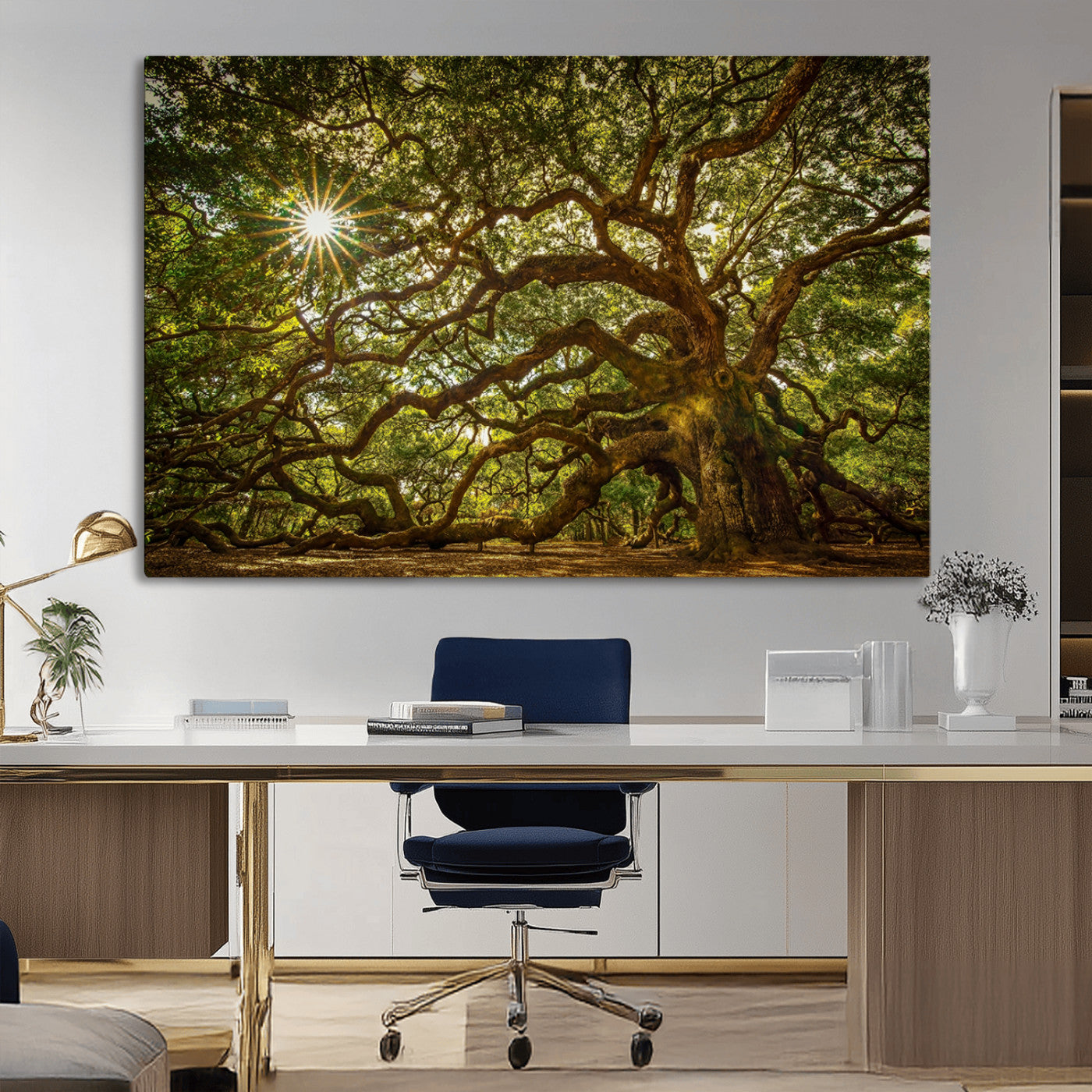 MGV-CV-36X24 - Ancient Angel Oak Tree Art Sunburst Canvas Print- Nature-Inspired Triptych Canvas Print, Framed, Ready to Hang