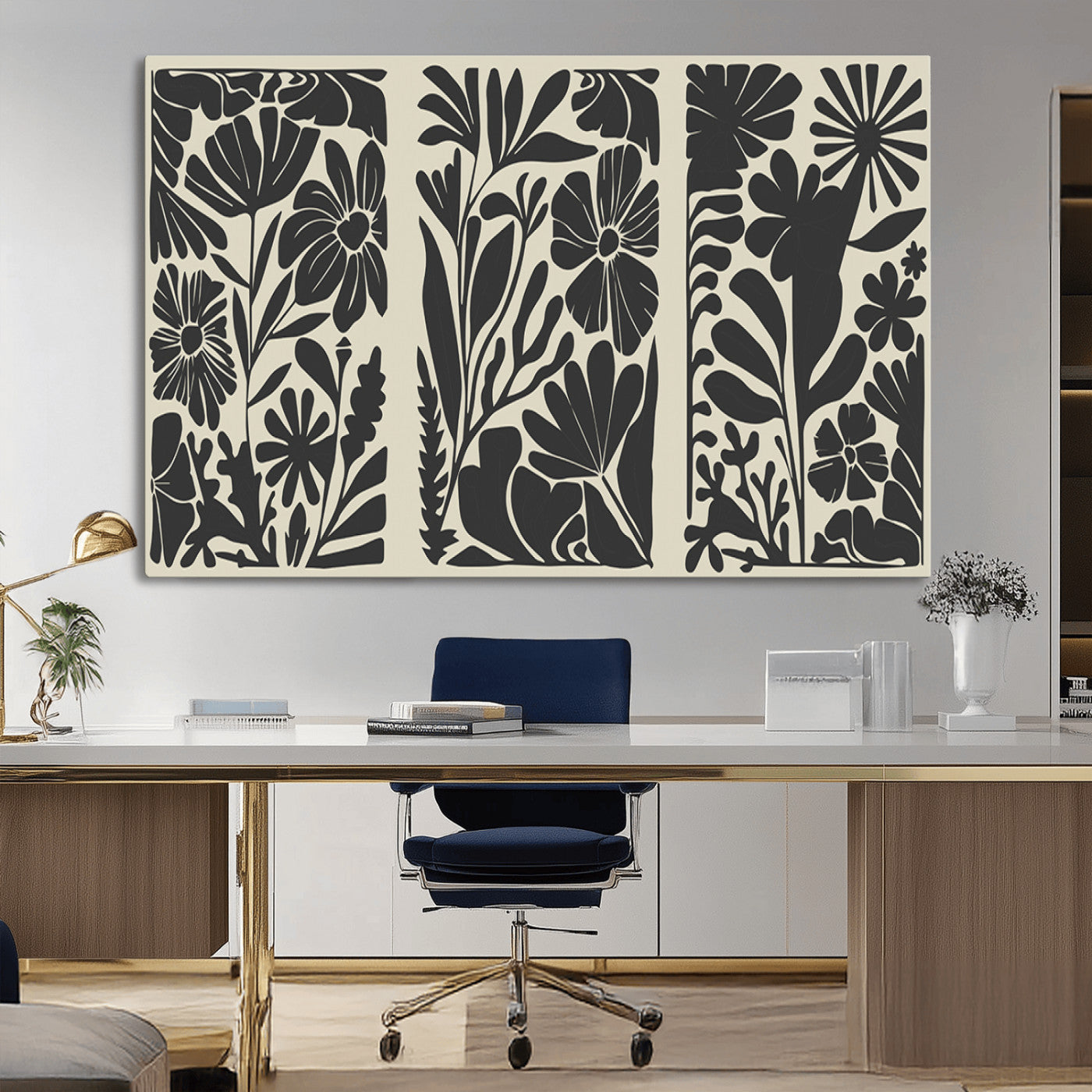 MGV-CV-36X24 - Modern Botanical Wall Art - Floral Black and White Canvas Print, Framed, Ready to Hang