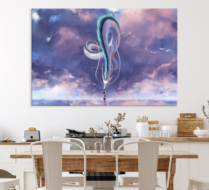 The Spirited Away Haku and Chihiro poster captures a cherished scene for anime lovers under a colorful, cloudy sky.