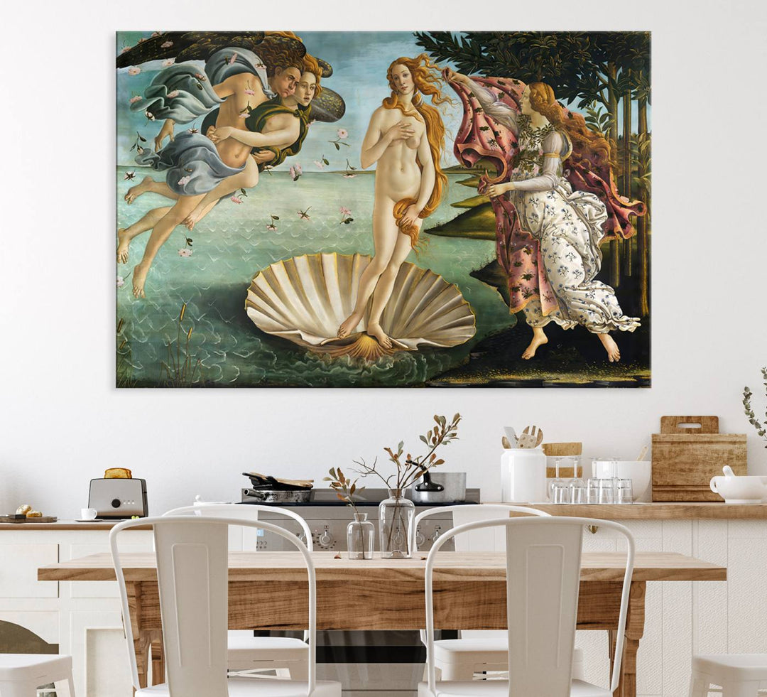 A canvas print of Botticellis The Birth of Venus is displayed on the wall.